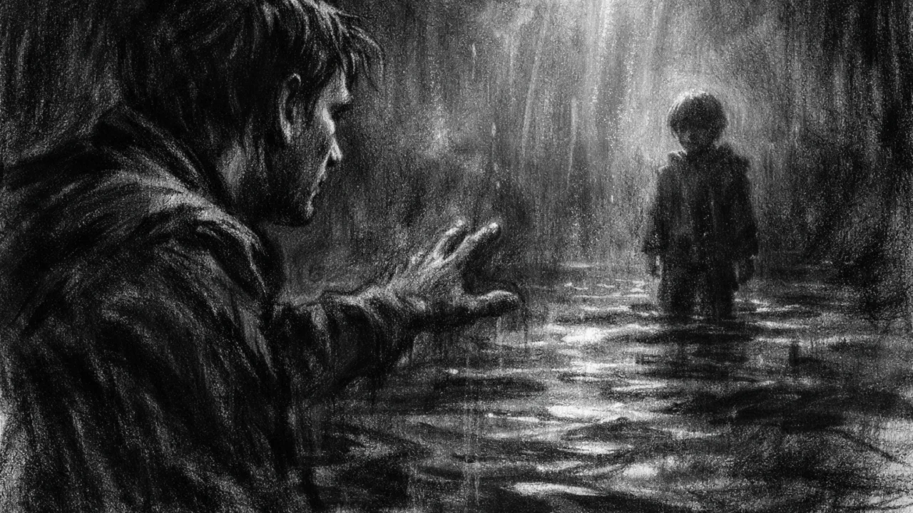 Emotivna scena razdvojenih figura u charcoal film noir stilu, naglašena tuga, briga i roditeljska povezanost kroz svjetlo i sjenu.
