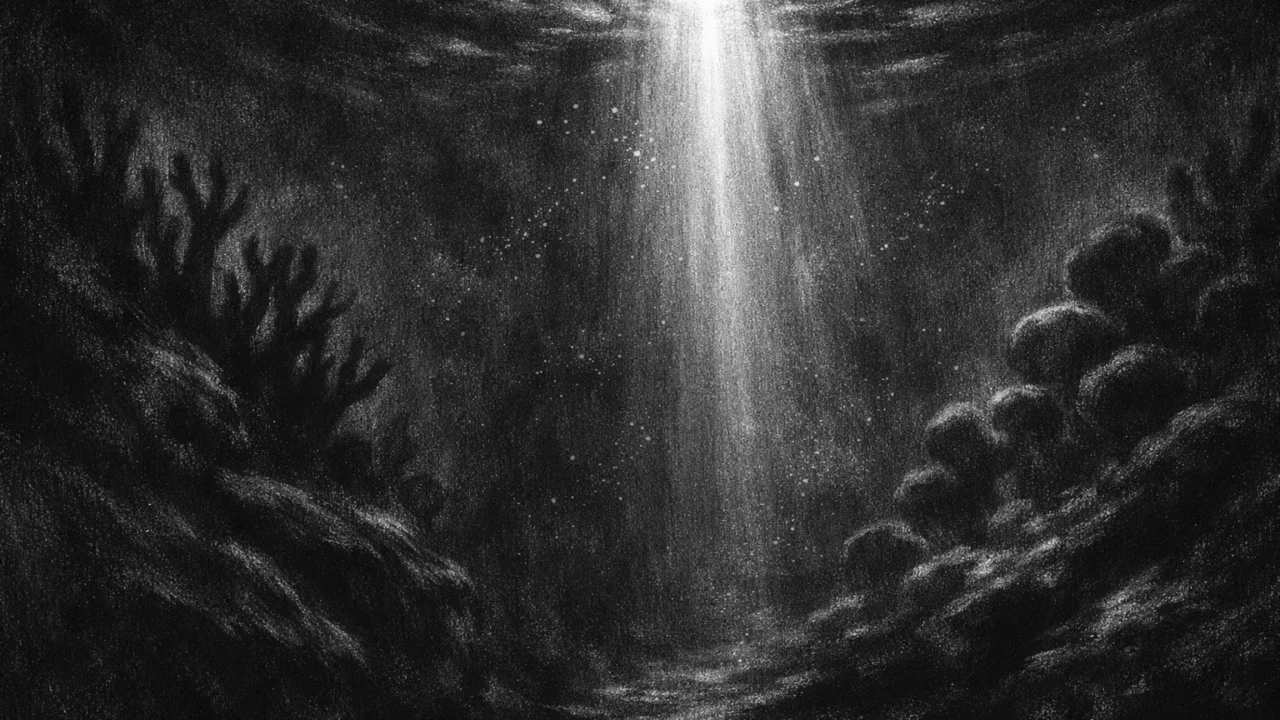 Simbolično podvodno okruženje u charcoal film noir stilu, tamni ponor s jednim snopom svjetla koji stvara osjećaj samoće i nade.