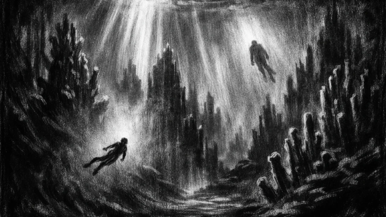 Kinematografski poster s podvodnim gradom u charcoal film noir stilu, snažni kontrasti, duboke sjene i emotivna atmosfera nade i potrage.