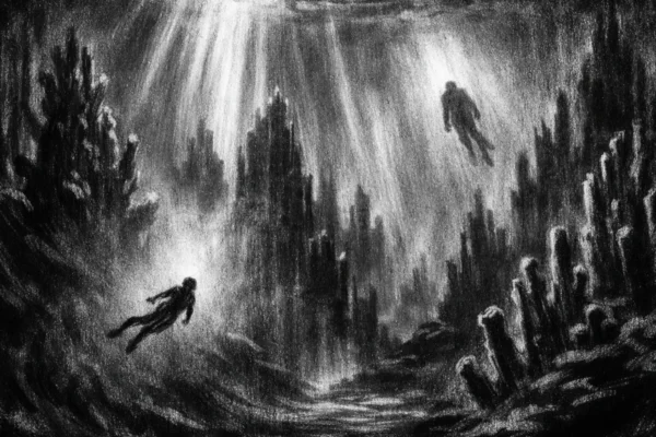 Kinematografski poster s podvodnim gradom u charcoal film noir stilu, snažni kontrasti, duboke sjene i emotivna atmosfera nade i potrage.