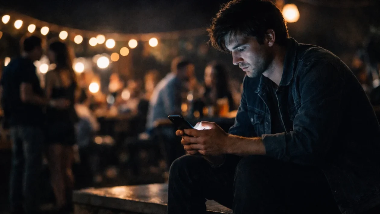 FOMO u digitalnom dobu prikazan kroz osobu koja koristi pametni telefon i osjeća strah od propuštanja