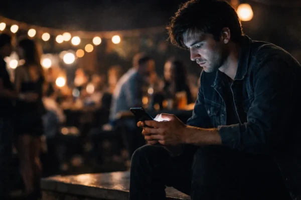 FOMO u digitalnom dobu prikazan kroz osobu koja koristi pametni telefon i osjeća strah od propuštanja