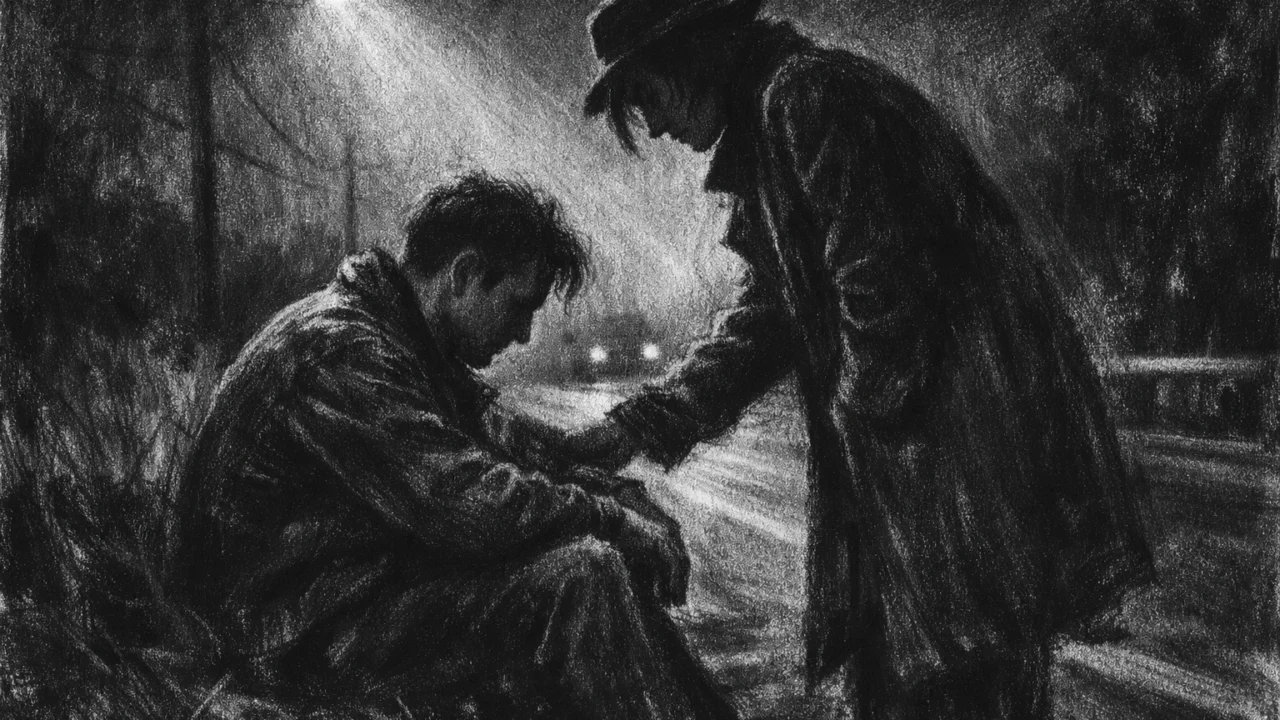 Intimni razgovor dviju osoba uz cestu, naglašene sjene i osjećaj iskrenosti u charcoal film noir stilu.