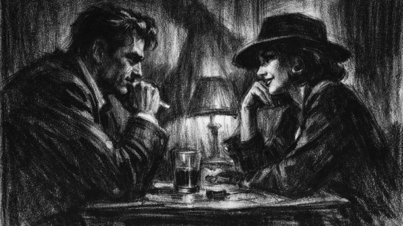 Dramatičan razgovor dvoje ljudi u interijeru, prikazan u charcoal film noir stilu s naglašenim sjenama i emocionalnom napetošću.