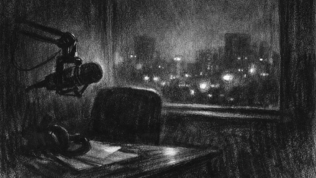 Atmosferski prikaz noćnog radijskog studija u charcoal film noir stilu, s gradskim svjetlima i osjećajem tihe introspekcije.