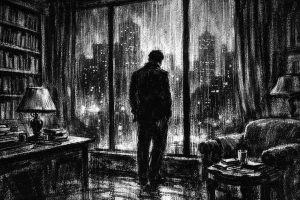 Hero scena u charcoal film noir stilu: usamljena silueta uz prozor stana, grad u kiši, duboke sjene i introspektivna atmosfera.