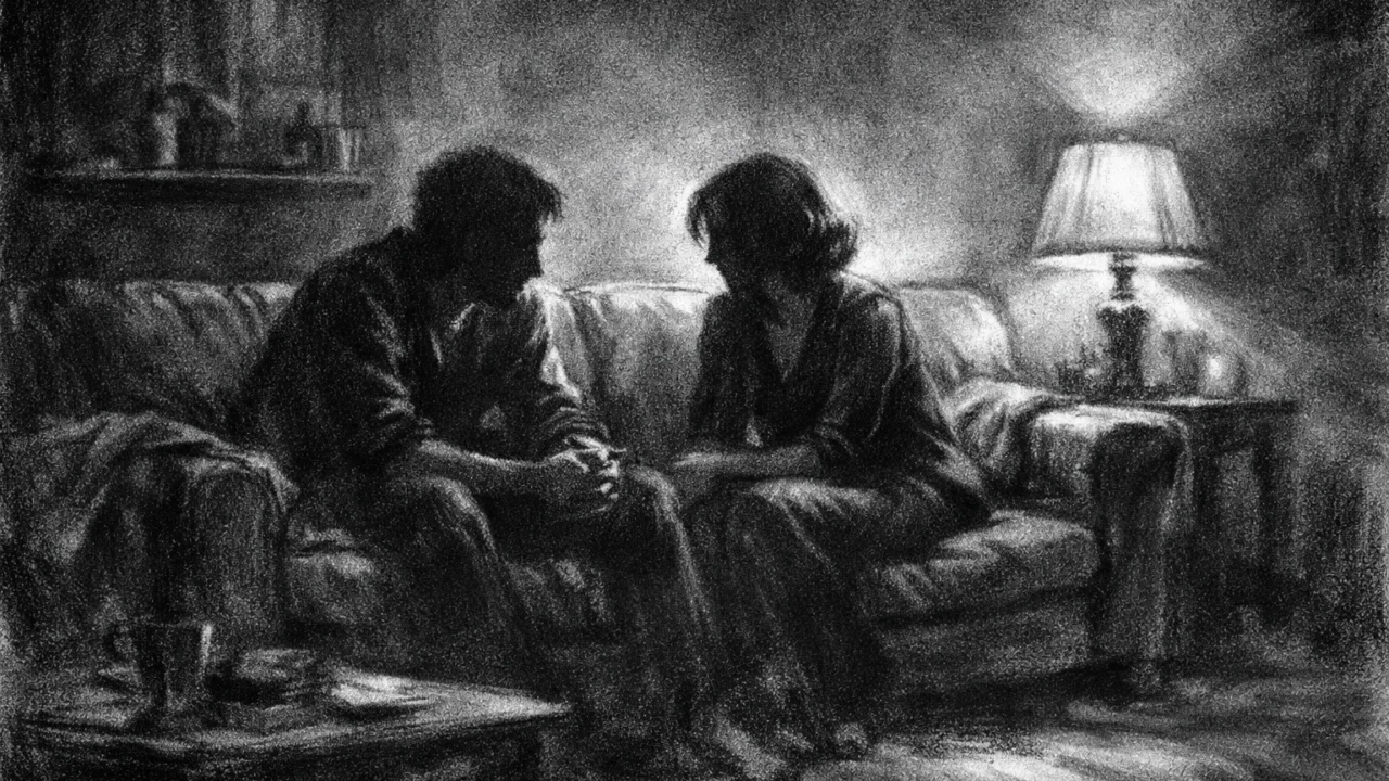 Intiman razgovor dvoje ljudi u stanu, naglašen emocijama i tišinom, u charcoal film noir stilu s visokim kontrastom.