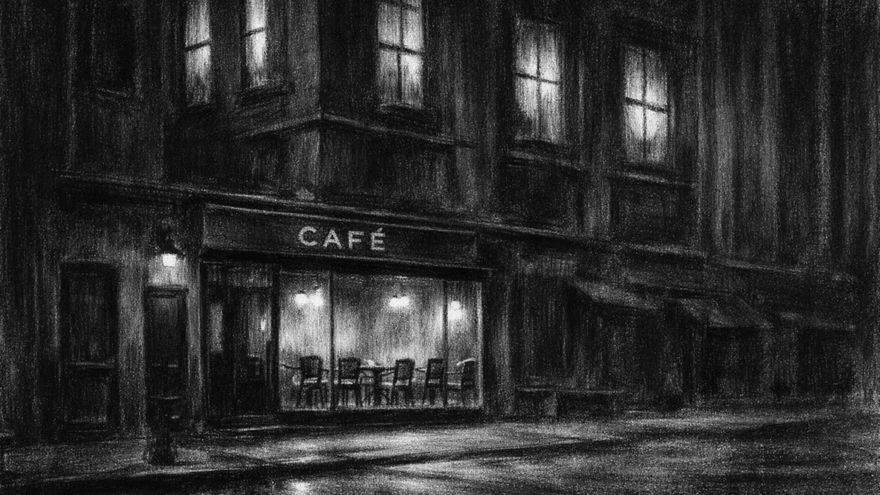 Noćna urbana ulica s kafićem kao simbolom zajedništva, prikazana u charcoal film noir stilu, crno-bijelo i ugođajno.