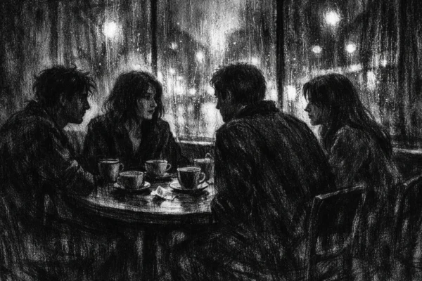 Kinematografski prizor prijateljskog okupljanja u urbanom kafiću, prikazan u charcoal film noir stilu s dubokim sjenama i melankoličnom atmosferom.