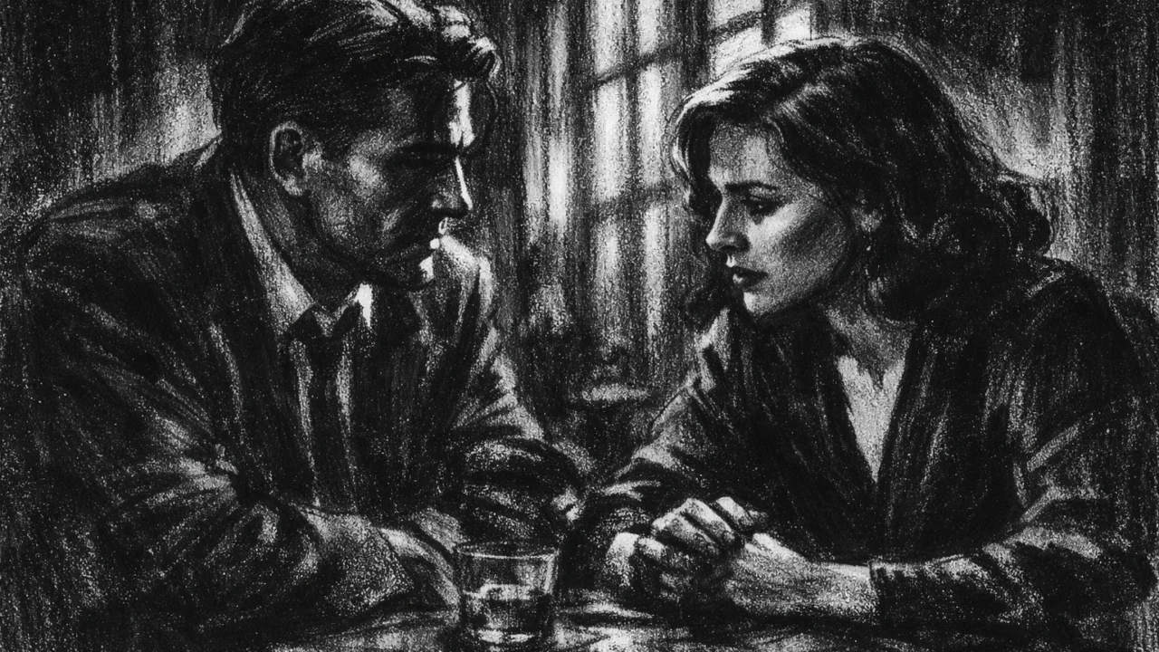 Intimna scena razgovora u charcoal film noir stilu, crno-bijela kompozicija s izraženim kontrastom, sjenama i osjećajem emocionalne napetosti.