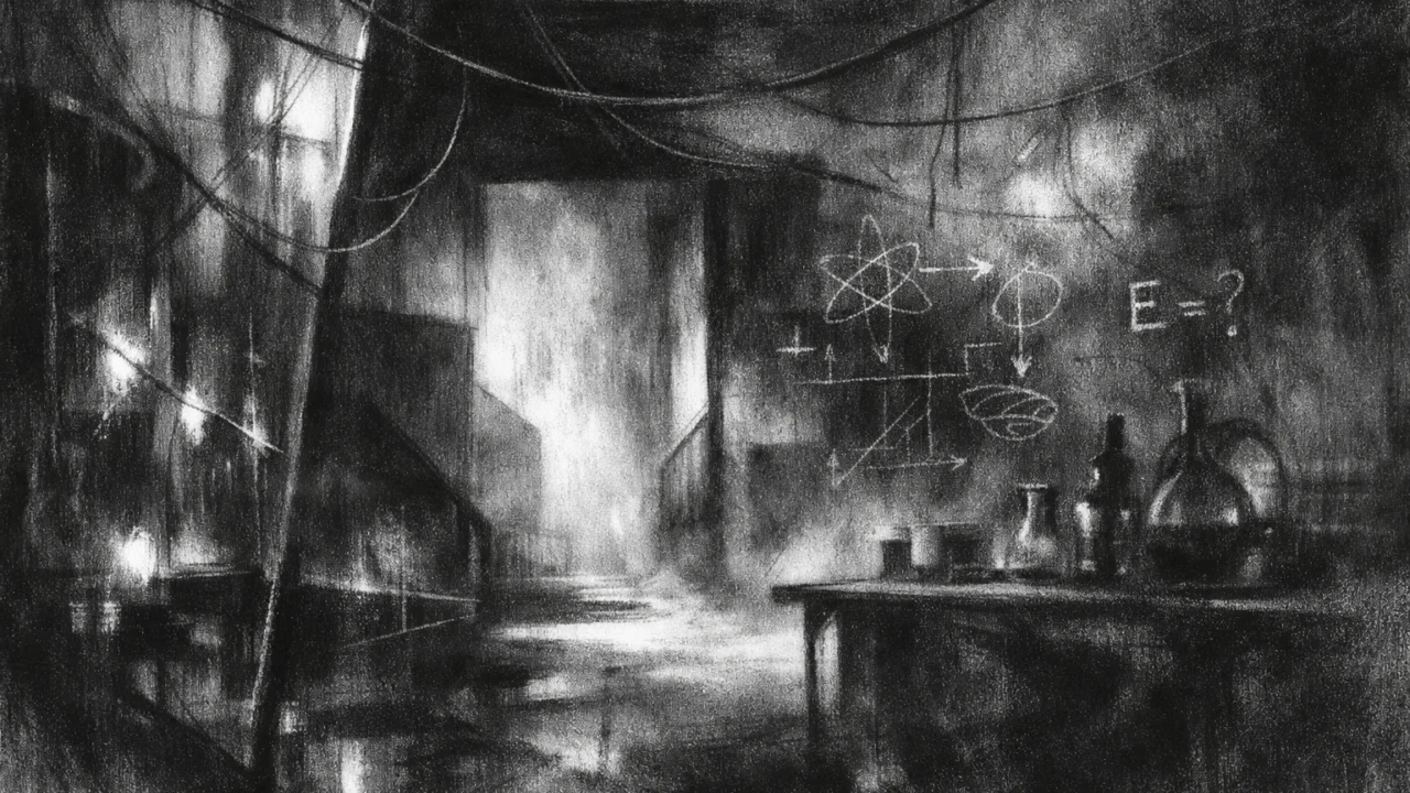 Simbolično okruženje u charcoal film noir stilu, crno-bijeli prostor s apstraktnim oblicima, dubokim sjenama i tajanstvenom atmosferom.