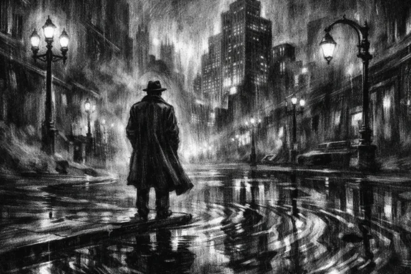 Kinematografski prizor u charcoal film noir stilu, crno-bijeli grad s dubokim sjenama i usamljena figura u mračnoj, napetoj atmosferi.
