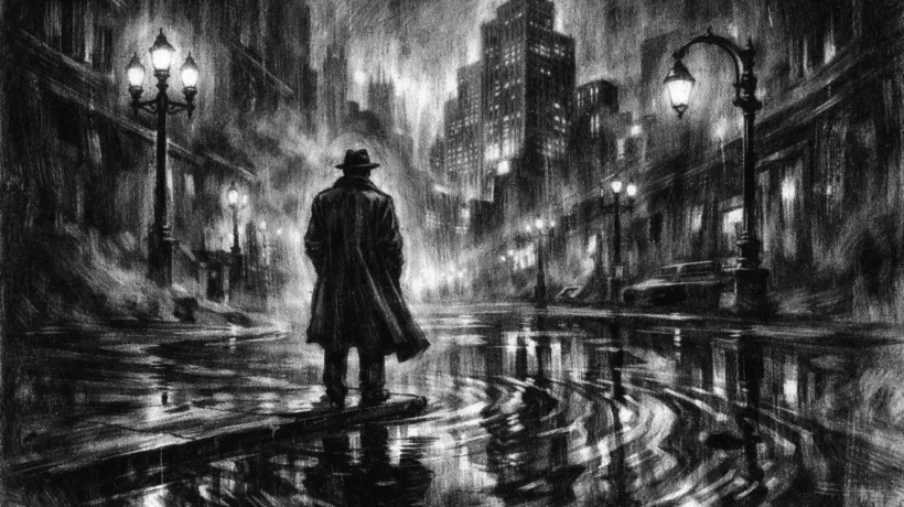 Kinematografski prizor u charcoal film noir stilu, crno-bijeli grad s dubokim sjenama i usamljena figura u mračnoj, napetoj atmosferi.