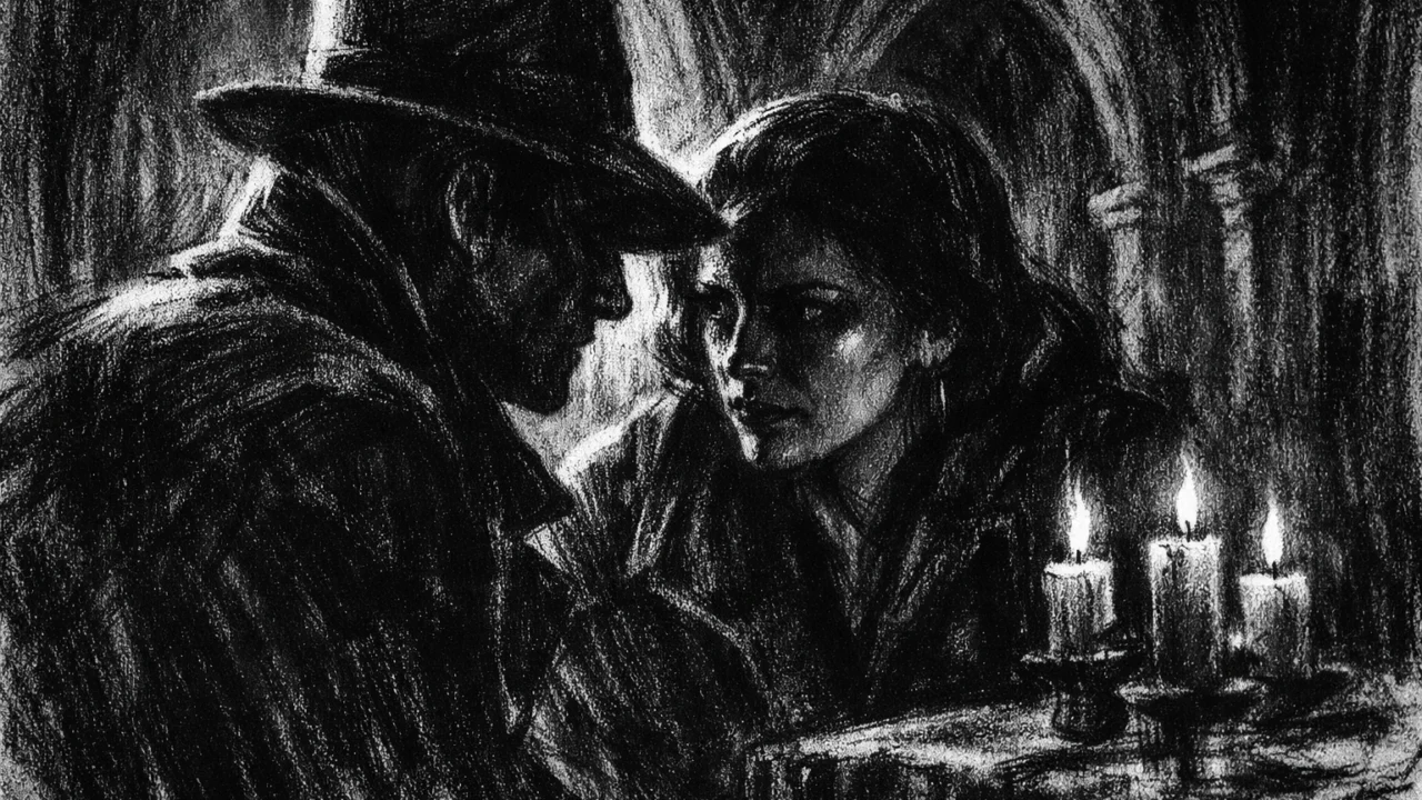 Dvoje ljudi u tihom razgovoru unutar mračne dvorane, prikazano u charcoal film noir stilu s naglašenim kontrastom i osjećajem napetosti.