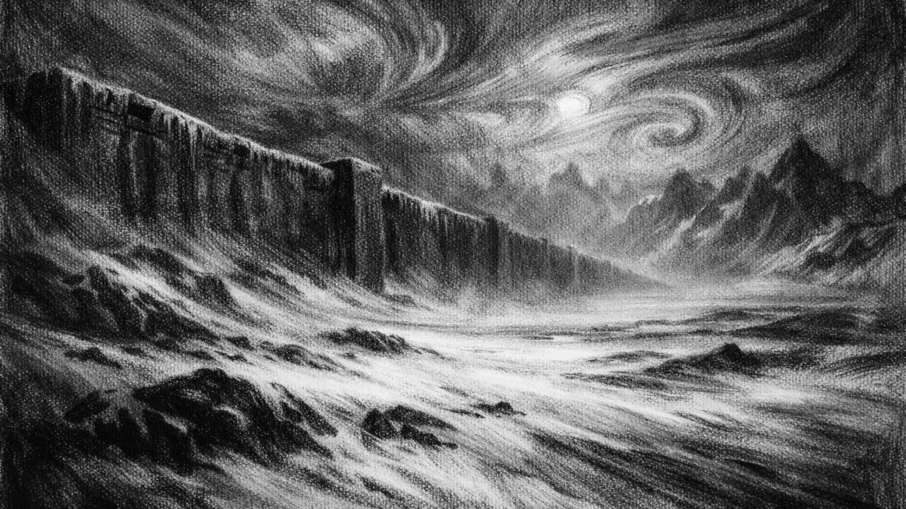 Simboličan snježni krajolik s monumentalnom građevinom u daljini, izrađen u charcoal film noir stilu s turobnim, hladnim ugođajem.