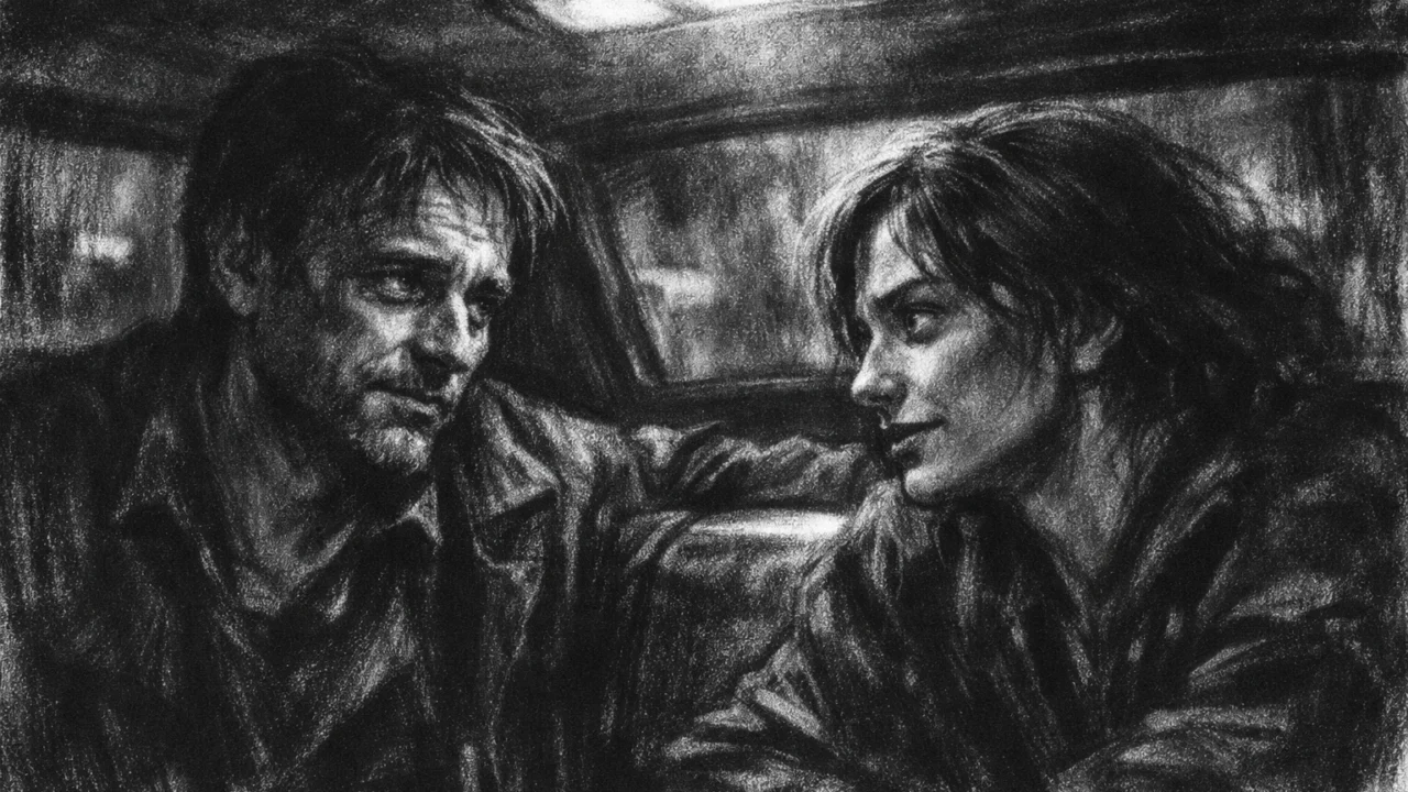Intimna scena razgovora u charcoal film noir stilu, crno-bijeli kontrasti, snažne sjene i emotivna napetost u zatvorenom prostoru.