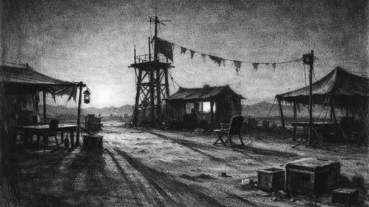 Atmosferski krajolik u charcoal film noir stilu, napušteno pustinjsko okruženje s dugim sjenama i melankoličnim crno-bijelim ugođajem.