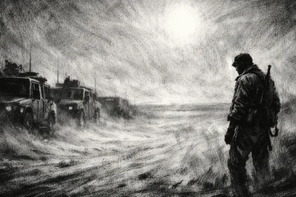 Filmski poster u charcoal film noir stilu, crno-bijela scena s dubokim sjenama, usamljena figura u pustinji i turobna atmosfera iščekivanja.