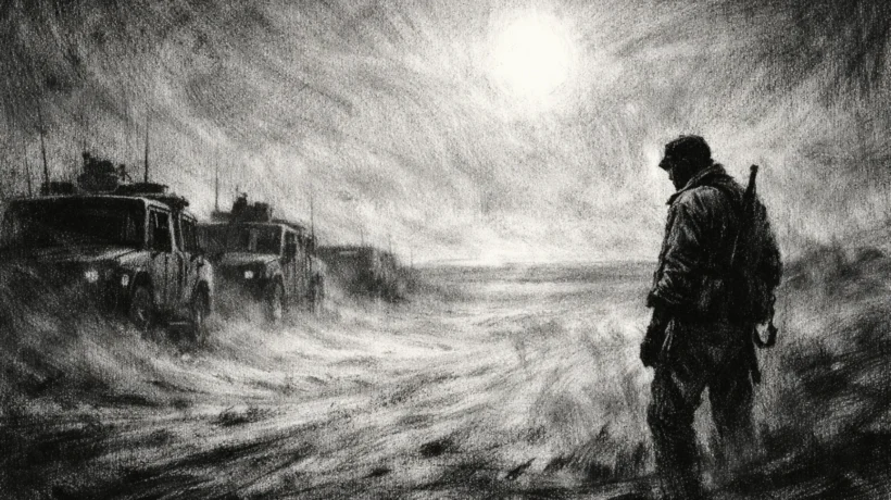 Filmski poster u charcoal film noir stilu, crno-bijela scena s dubokim sjenama, usamljena figura u pustinji i turobna atmosfera iščekivanja.