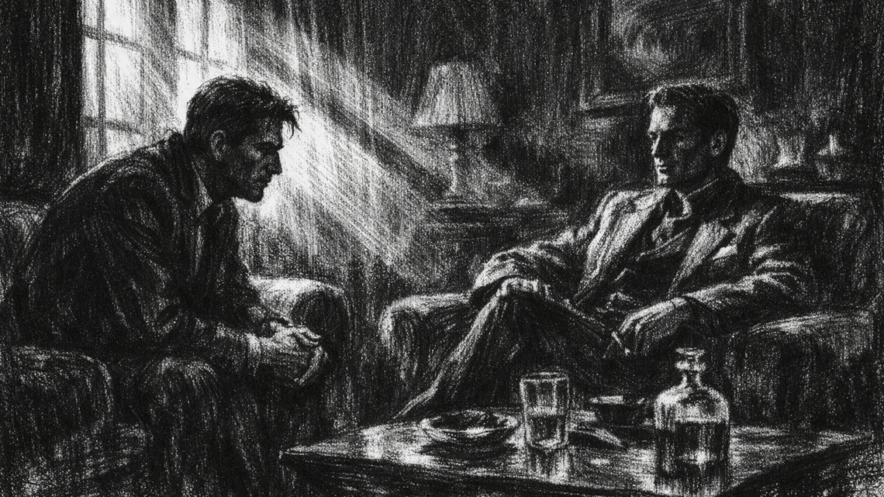 Intimna scena razgovora u charcoal film noir stilu, crno-bijela kompozicija s jakim kontrastom, sjenama i osjećajem nelagode.