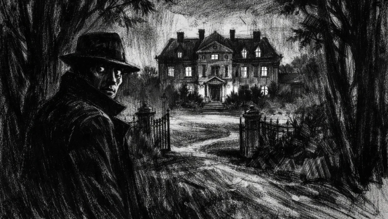 Cinematični poster u charcoal film noir stilu, crno-bijeli prizor s usamljenom figurom ispred imanja, duboke sjene i tjeskobna atmosfera.