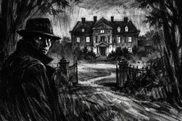 Cinematični poster u charcoal film noir stilu, crno-bijeli prizor s usamljenom figurom ispred imanja, duboke sjene i tjeskobna atmosfera.