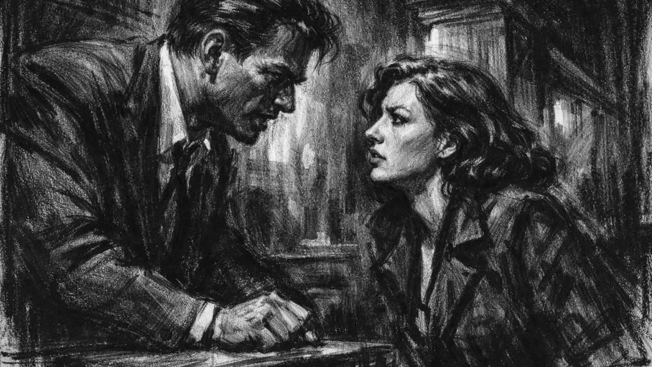 Dramska scena u charcoal film noir stilu