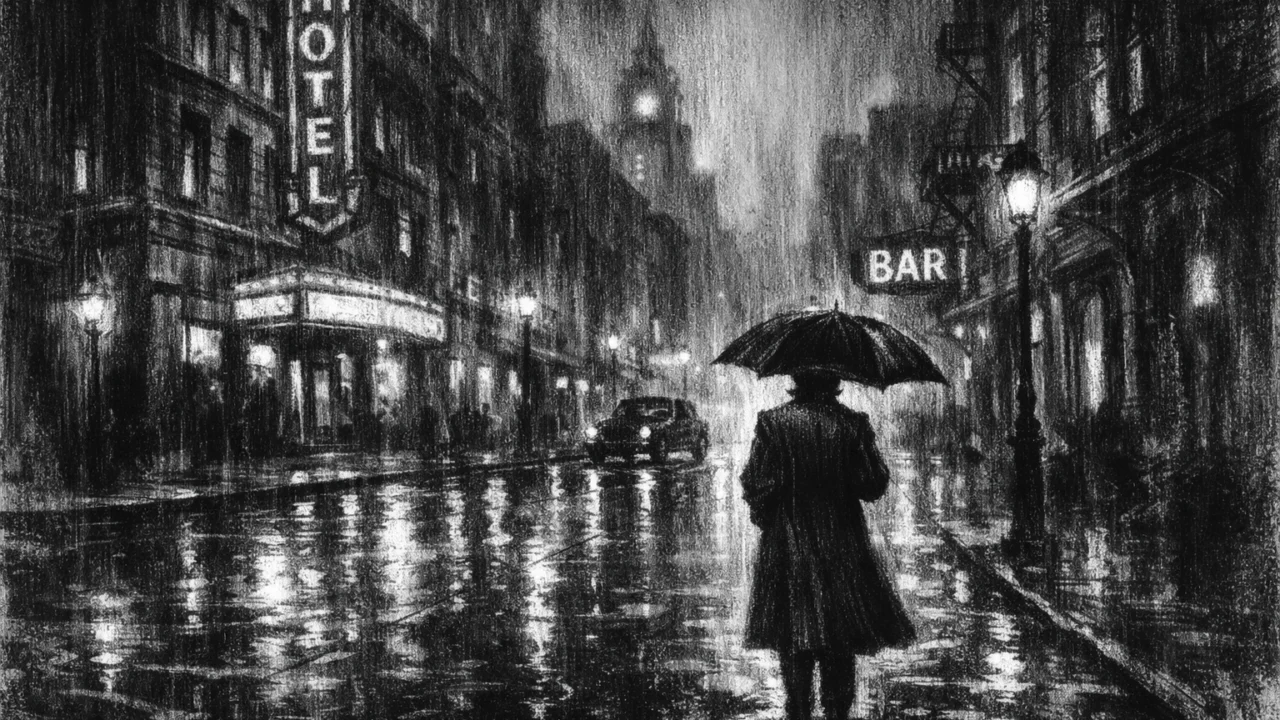 Atmosferska urbana ilustracija u charcoal film noir stilu