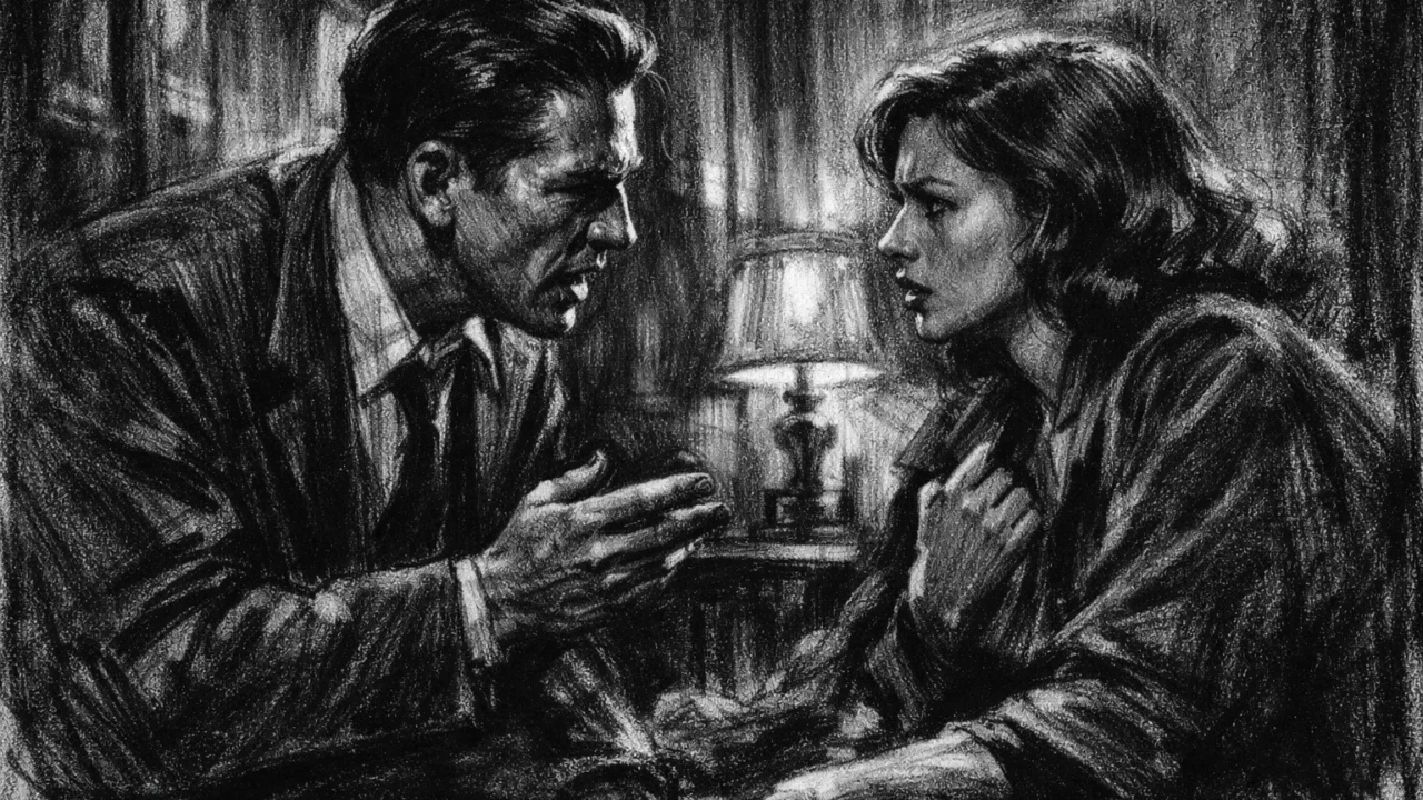 Dramska scena u charcoal film noir stilu