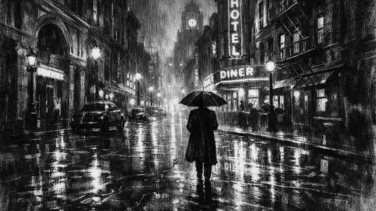 Atmosferska urbana ilustracija u charcoal film noir stilu