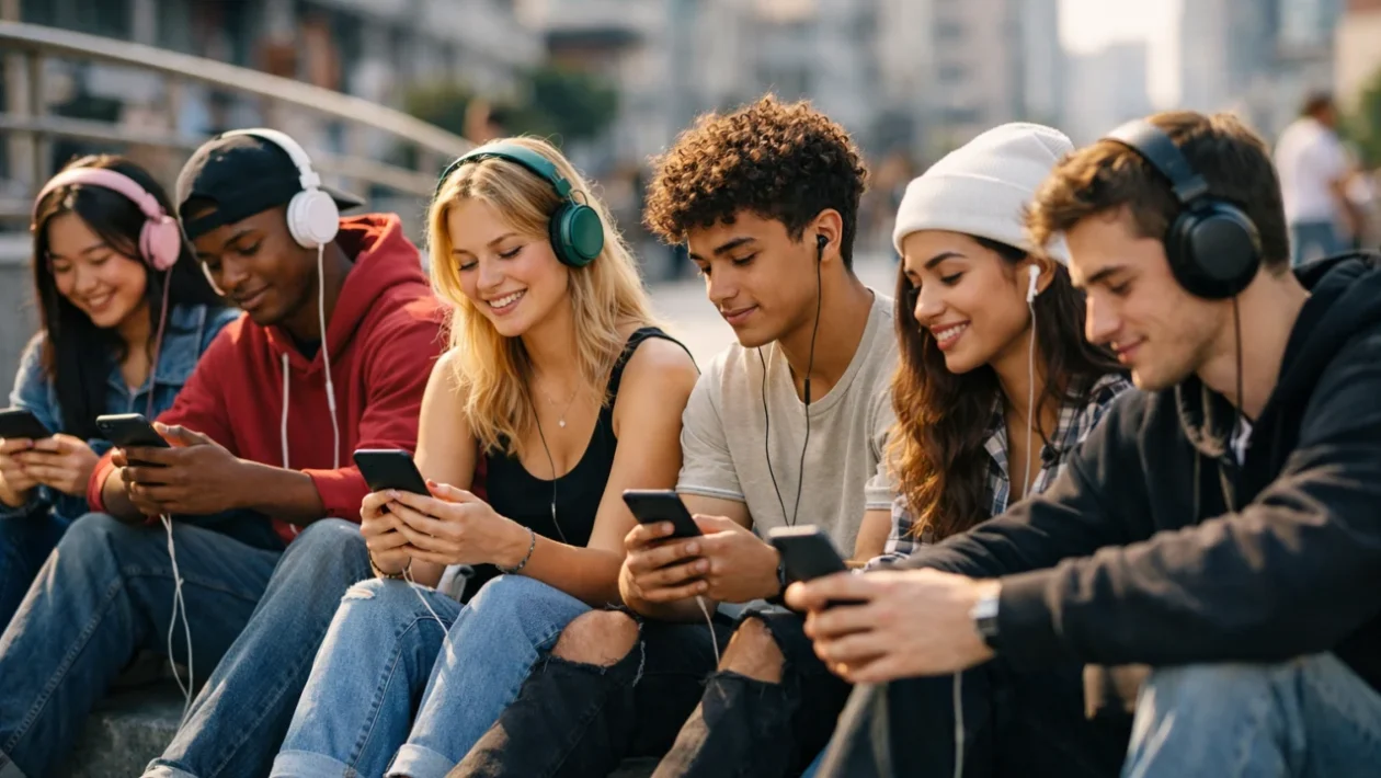 Mladi slušaju glazbu putem pametnih telefona i slušalica u doba streaminga