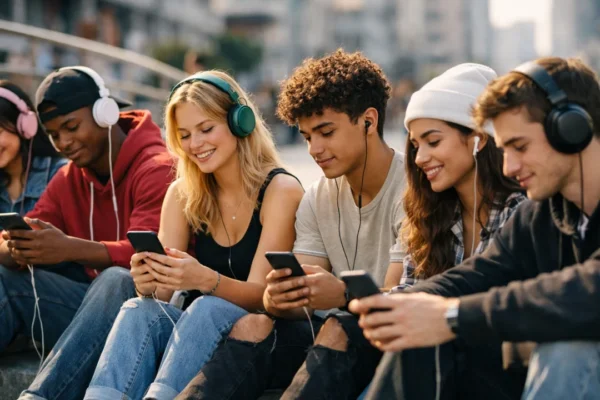 Mladi slušaju glazbu putem pametnih telefona i slušalica u doba streaminga