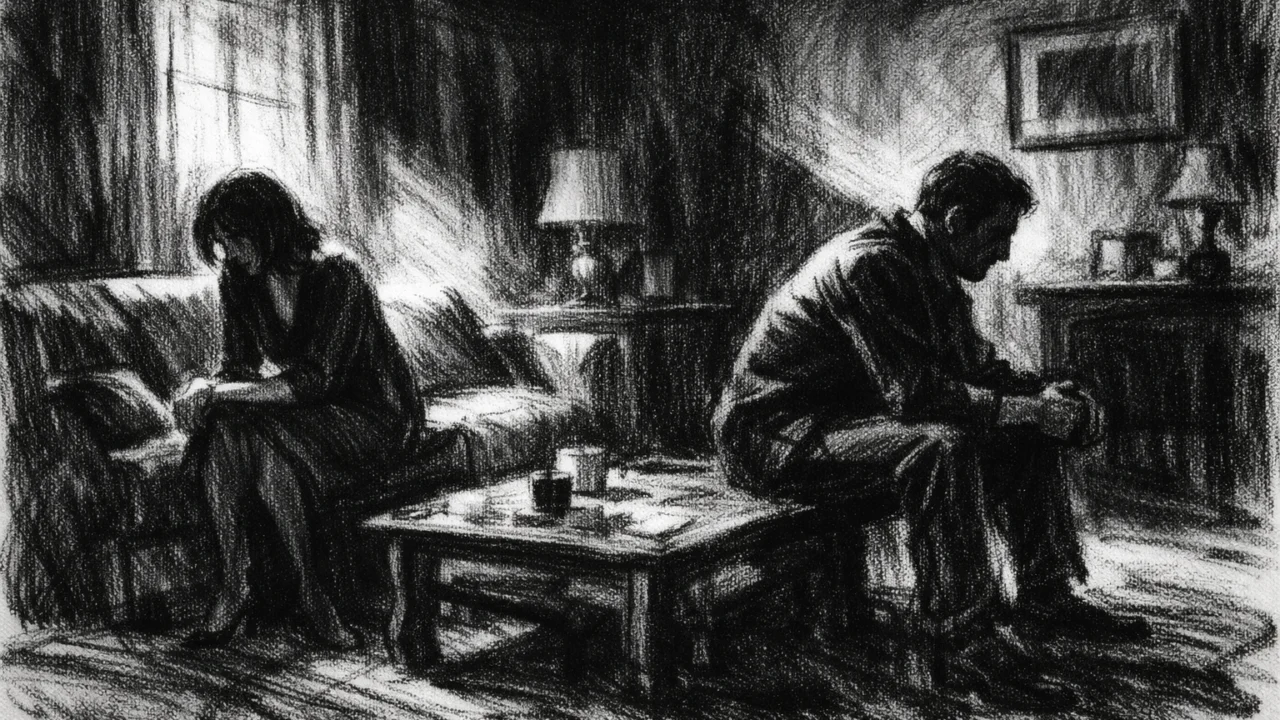 Dvoje ljudi u tihoj sobi, razdvojeni svjetlom i sjenom, emocionalna napetost prikazana u charcoal film noir stilu.