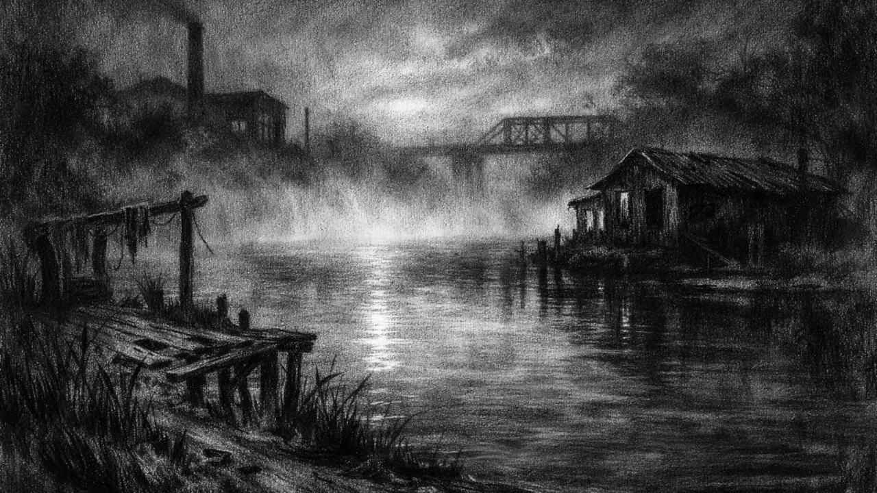 Maglovita obala rijeke bez ljudi, simbol praznine i nelagode, snažan ugođaj u charcoal film noir stilu.