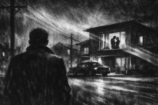 Filmski poster s usamljenom figurom u predgrađu, snažne sjene i kontrasti, mračna atmosfera u charcoal film noir stilu.