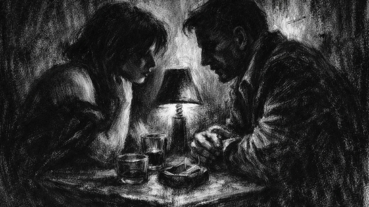 Dvoje ljudi u tihom razgovoru, napetost i sjene, charcoal film noir stil