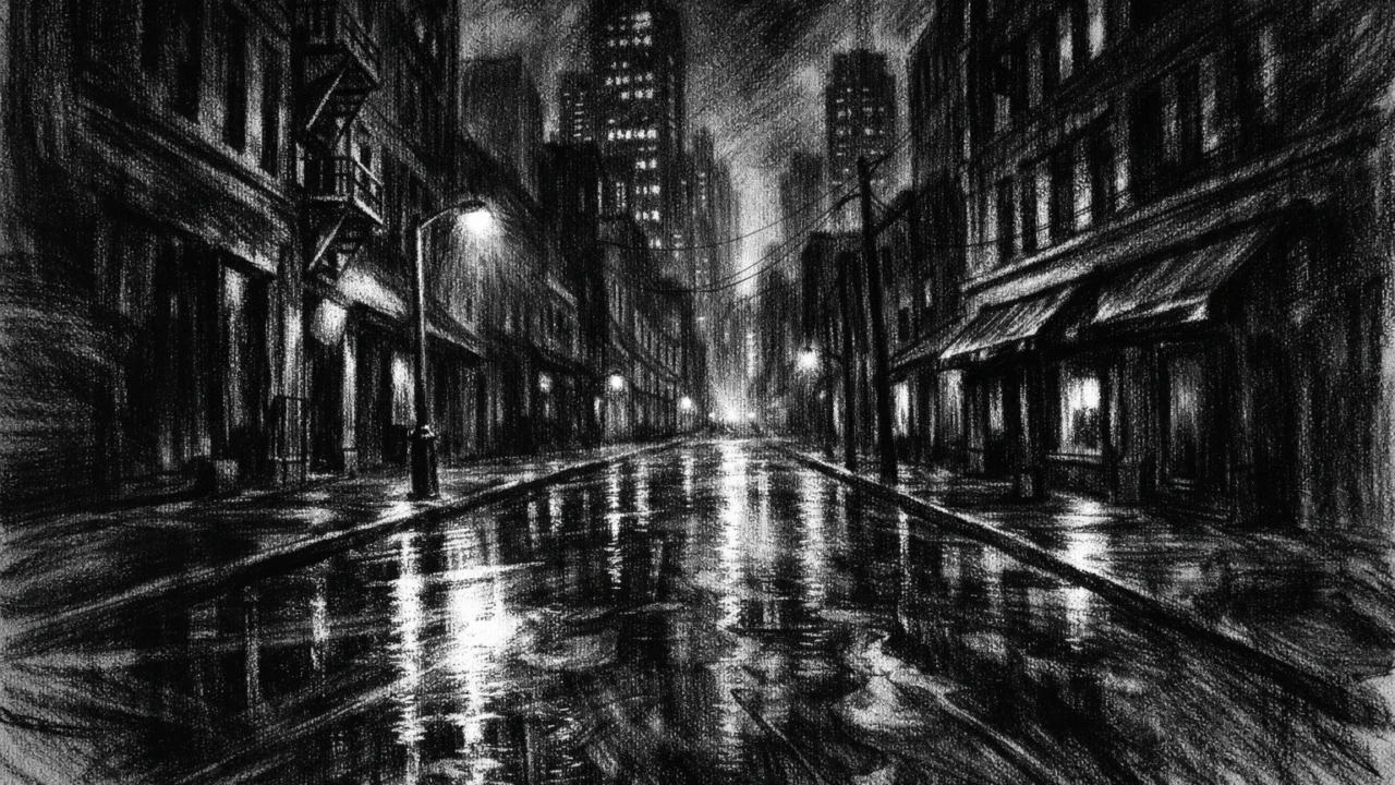 Noćna gradska ulica s dubokim sjenama i samoćom, charcoal film noir stil