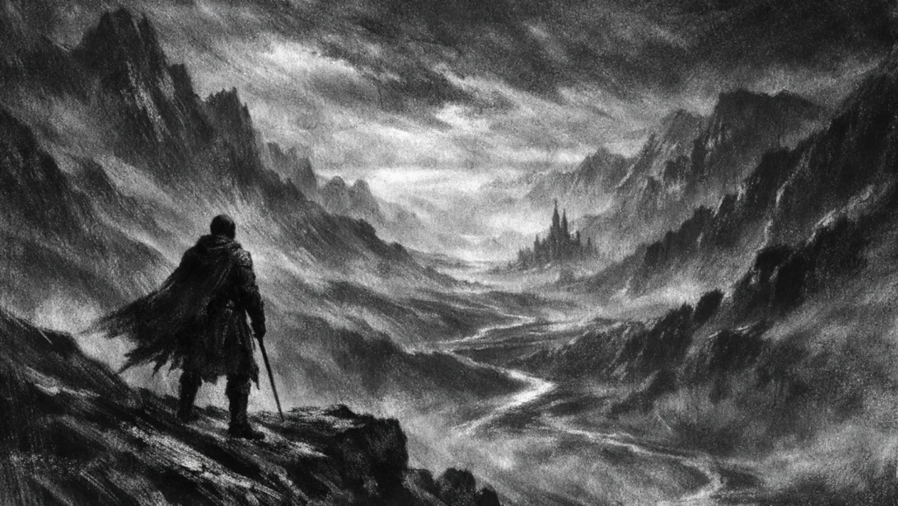 Epski pejzaž s usamljenom figurom na grebenu, nacrtan u charcoal film noir stilu, crno-bijelo, duboke sjene i snažna atmosfera sudbine.