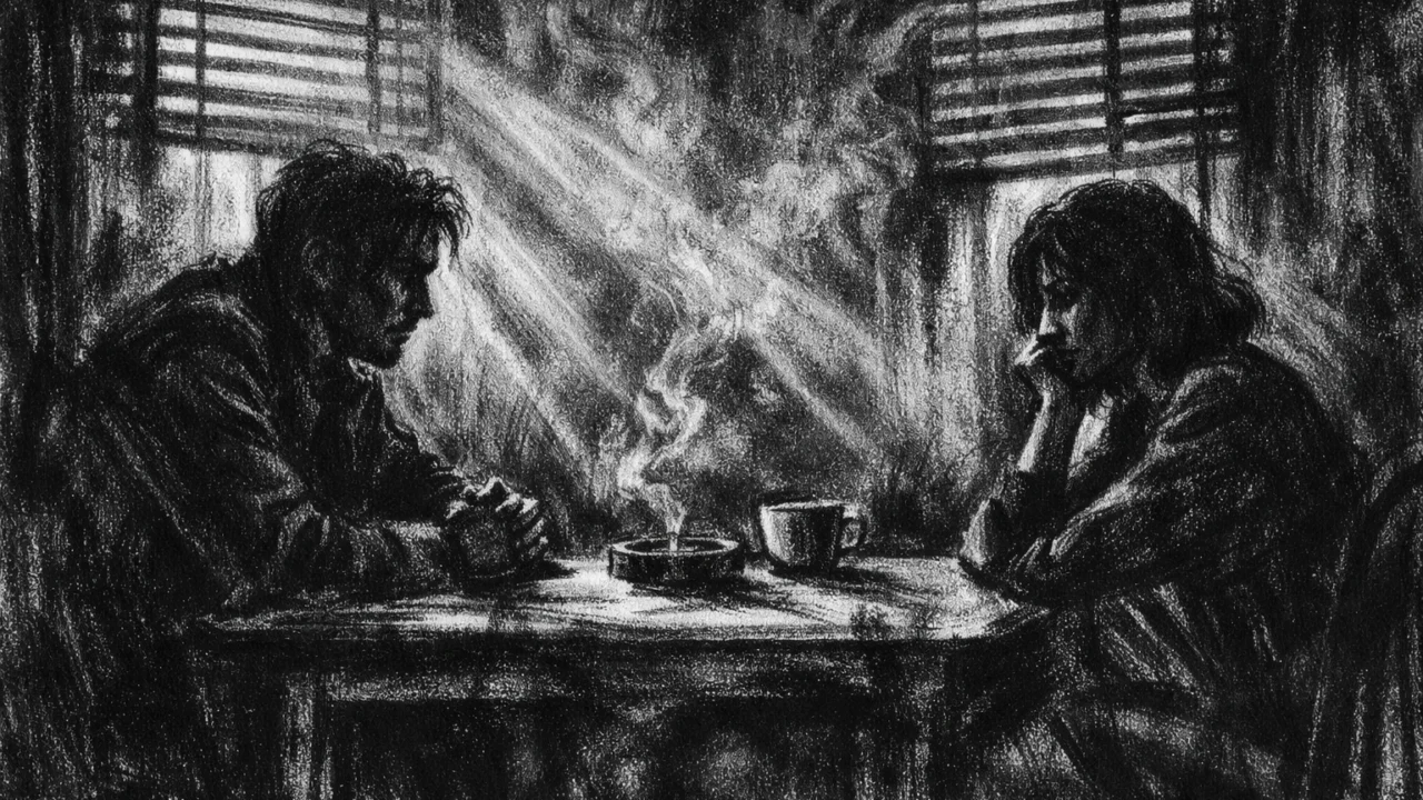 Dvoje ljudi u tihom razgovoru u mračnoj prostoriji, snažan kontrast svjetla i sjene, charcoal film noir stil