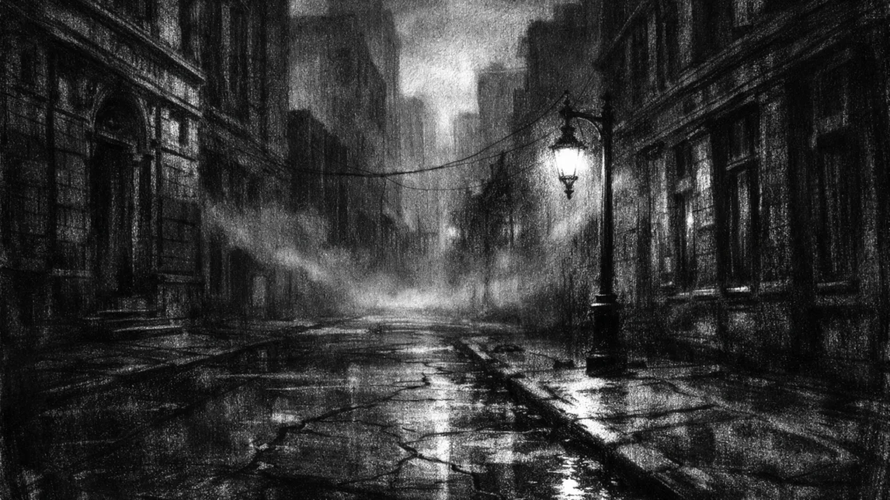 Prazne gradske ulice u zoru s maglom i upaljenom svjetiljkom, osjećaj melankolije, charcoal film noir stil