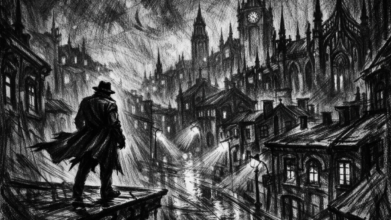 Filmski poster mračnog grada s usamljenom siluetom na krovu, snažne sjene i kišna atmosfera, charcoal film noir stil