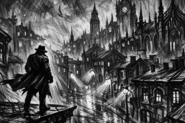 Filmski poster mračnog grada s usamljenom siluetom na krovu, snažne sjene i kišna atmosfera, charcoal film noir stil