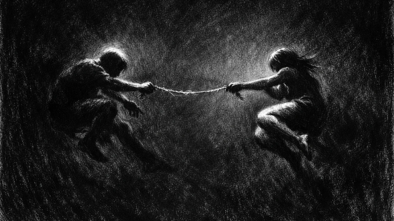 Dva anonimna lika lebde u tišini, povezani krhkom vezom, izraženi kroz duboke sjene i dramatično svjetlo u charcoal film noir stilu.