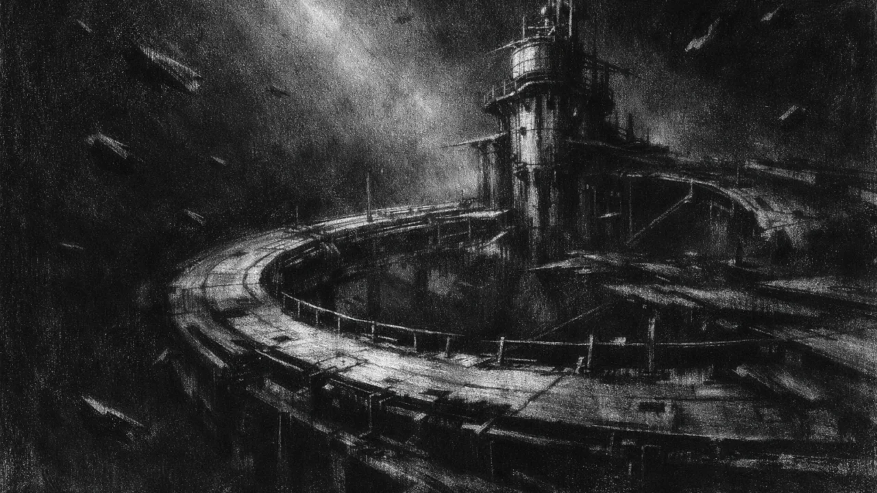 Atmosferski prikaz napuštene svemirske strukture u crno-bijelom okruženju, naglašene sjene i melankolija u charcoal film noir stilu.