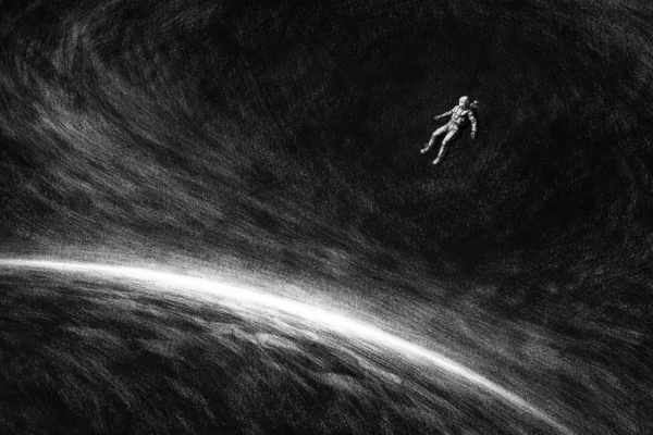 Cinematični prizor usamljenog lika u svemirskoj praznini, snažan kontrast svjetla i tame u charcoal film noir stilu, crno-bijela atmosfera puna tišine i samoće.