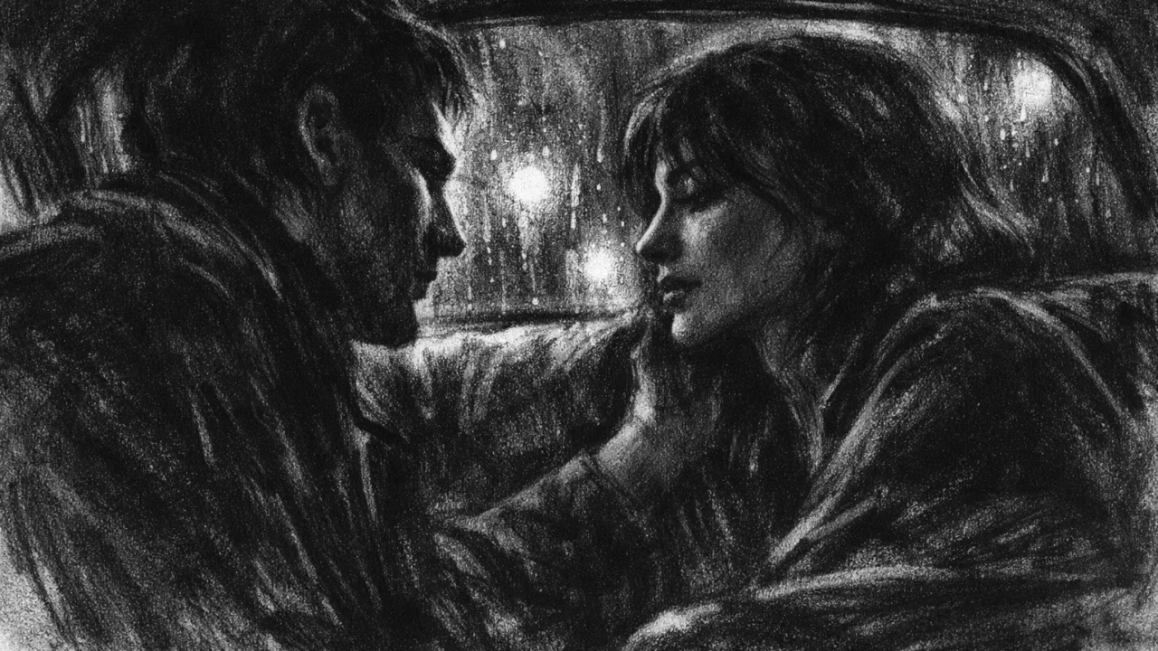 Intimna scena u charcoal film noir stilu, dvije osobe u razgovoru u automobilu, crno-bijelo s jakim sjenama, naglašena emocionalna napetost i postupno razumijevanje.