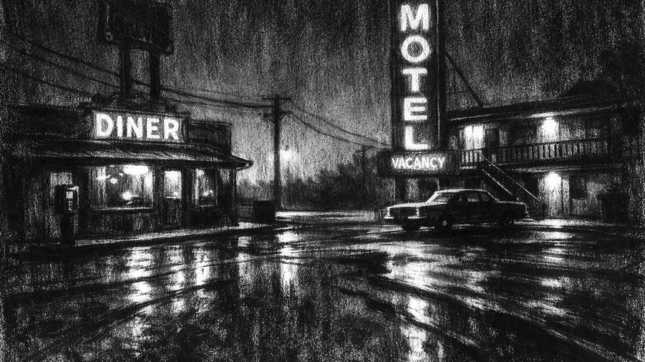 Atmosferski okoliš u charcoal film noir stilu, crno-bijeli motel uz cestu noću s dubokim sjenama i kontrastima, osjećaj samoće i tihe simbolike.