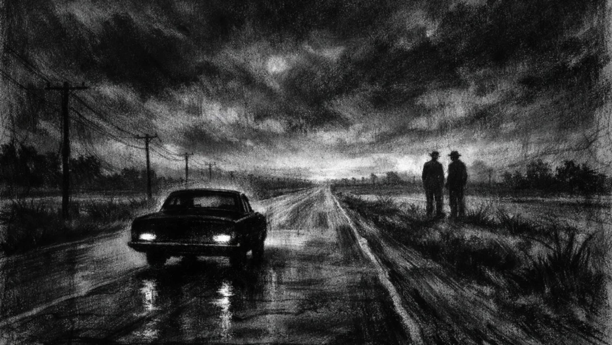 Filmski poster u charcoal film noir stilu, crno-bijeli prizor ceste u sumrak s dubokim sjenama i snažnim kontrastom, melankolična atmosfera putovanja i tihe povezanosti.