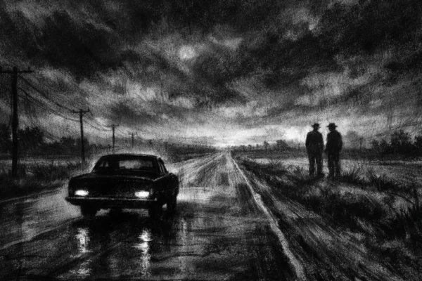 Filmski poster u charcoal film noir stilu, crno-bijeli prizor ceste u sumrak s dubokim sjenama i snažnim kontrastom, melankolična atmosfera putovanja i tihe povezanosti.