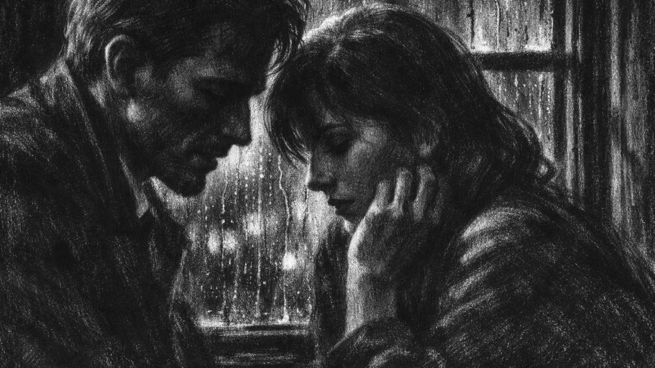 Intimni trenutak dvoje ljudi u razgovoru, charcoal film noir stil, crno-bijela scena s jakim kontrastom, kiša na prozoru i osjećaj emocionalne težine.